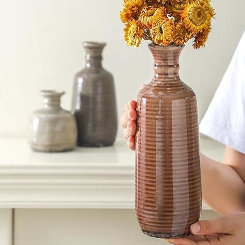 Ceramic Vases Set of 3, Neutral Rustic Farmhouse Vases Home Decor Decorative Flower Vase Modern Boho Pampass Vase for Table Mantel Entryway Shelf Living Room Kitchen Bathroom - Brown thumbnail 2