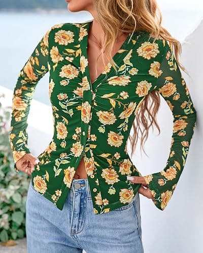 BTFBM Button Down Shirts for Women 2026 Spring Boho Tops V Neck Long Sleeve Blouses Ruched Mesh Fitted Fall Fashion thumbnail 8