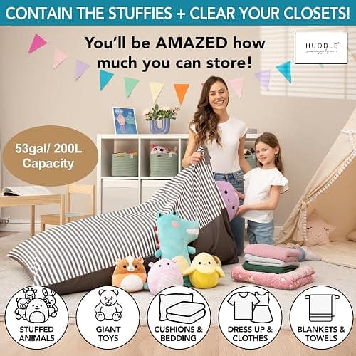 Huddle Designer Stuffed Animal Bean Bag Storage Chair Cover XL Grey Stripes | Washable 100% cotton canvas cover holds 100+ stuffies & more to cleanup quick and make a comfy bean bag chair for your kiddo thumbnail 4