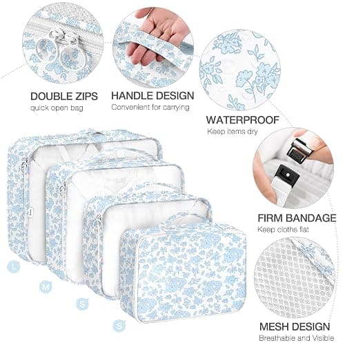 8 Set Packing Cubes for Suitcases,Packing Cube with Shoe, Cosmetics, Clothing, and Accessories Bags Packing Cubes for Travel Luggage Organizer Women Men(Blue Flowers) thumbnail 4