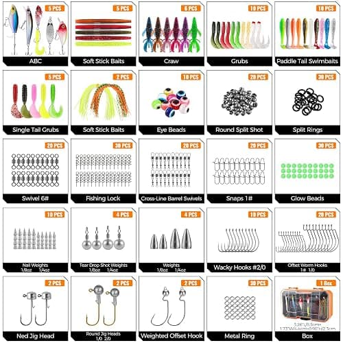 PLUSINNO Bass Fishing Lures Tackle Box Kit for All Water, 307 pcs | Pro Bass Fishing Gear Kit, for Freshwater Lake, Largemouth Bass, 6 Pre-rigged Jigs, Fishing Lure Set Gifts for Men Beginners thumbnail 7