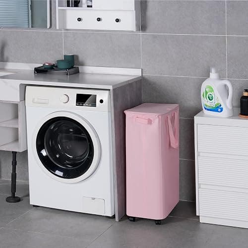 Vincona Slim Laundry Hamper with Lid and Wheels, Small Rolling Laundry Basket with Handle for Small Spaces, Tall Dirty Clothes Hampers for Dorm, Bathroom and Bedroom, 75L, Pink thumbnail 6