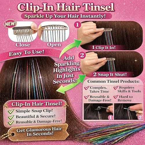 Hair Tinsel 12 Pcs Clip in Hair Tinsel Kit for Girls 22 Inch Glitter Fairy Tinsel Hair Extensions Colorful Heat Resistant Party Festival Accessories for Women (pink/multicolor-12 Pcs) thumbnail 5