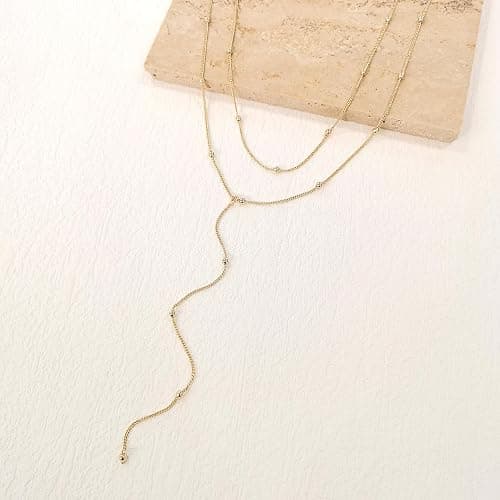 HERIER Lariat Gold Necklace for Women, Dainty Long Necklace 14k Gold Plated/Silver Y-Shaped Layered Beaded Chain Drop Necklaces for Women Trendy Simple Gold Jewelry for Women Gifts thumbnail 6