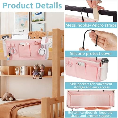 Loghot Bedside Caddy/Bedside Storage Bag Hanging Organizer for Bunk and Hospital Beds,Dorm Rooms Bed Rails,Can be Placed Glasses,Books,Mobile Phones,Keys (Light Pink) thumbnail 4