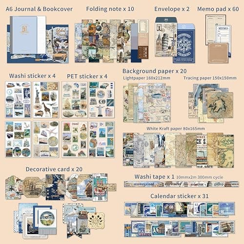 emmoolife Scrapbooking Supplies Kit, Daily Life World Travel Scrapbook Kit for Bullet Junk Journal, Stationery, A6 Grid Notebook, DIY Journaling Supplies, Birthday Craft Gift Teen Women thumbnail 3