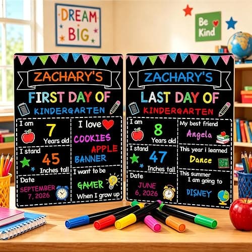 First Day of School Sign 14"x10" with Chalk Markers Double-Sided First and Last Day of School Board Reusable Wooden Colorful Chalkboard for Grades 1-12 Kindergarten Pre K Photography thumbnail 2