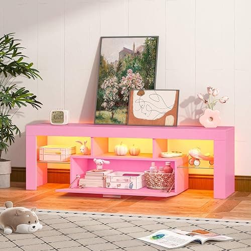 Clikuutory Modern Lighting 51 inch TV Stand with Large Storage Drawer for 32 40 50 55 Inch TVs, TV Console with 20 Color LED Lights, Entertainment Center Media and Open Shelf for Bedroom, Pink thumbnail 7