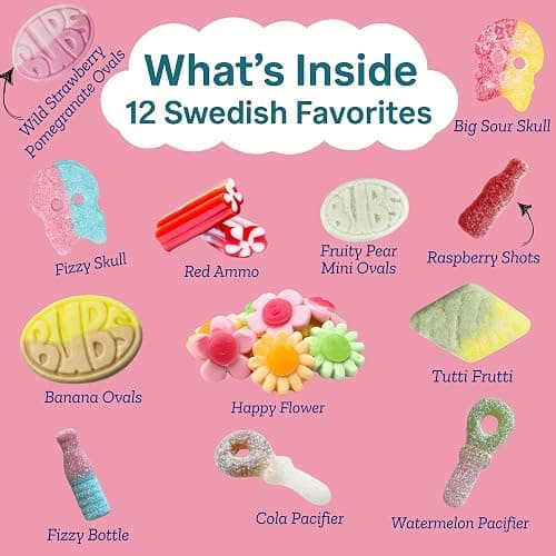 Bubs Swedish Candy Mix - Authentic Sweet and Sour Swedish Gummies - 1 Pound of Gummy Candy From Sweden - Bubs Rombs, Bubs Ovals, Big Swedish Candy Skulls, Fizzy Bottles - A Candy Gift for Candy Lovers thumbnail 3