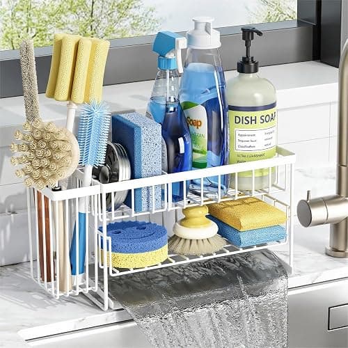 Cisily White 2-Tier Kitchen Sink Caddy Organzier Rack with Flexible Dish Brush Holder, Sponge Holder for Kitchen Sink Countertop Organization Storage,Home Decor Accessories - Image 1