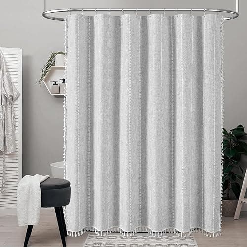 BTTN Gray Boho Farmhouse Shower Curtain, Linen Rustic Weighted Striped Fabric Shower Curtain Set with Tassel, Water Repellent, Bohemian Vintage Country Cloth Shower Curtain for Bathroom, Grey, 72x72 - Grey - 72"W x 72"L (Pack of 1) thumbnail 3