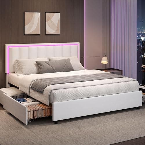 IMMERSTABLE Full Bed Frame with 4 Drawers, Full Size Bed Frame with LED Lights, Upholstered Bed Frame Full Size with Headboard, No Box Spring Needed, Noise-Free, Easy Assembly, White - Image 1