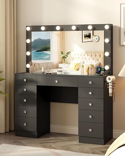 Otterease Black Makeup Vanity, 11 Drawers Vanity with Mirror and 12 LED Lights, Makeup Vanity Desk with 3 Lighting Modes Adjustable Brightness, Vanity with Glass Top for Bedroom thumbnail 3