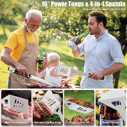 RINPIR 35pcs Deluxe Grilling Gifts Set for Birthday Fathers Day, Stainless Steel BBQ Accessories Kit for Men Dad, Professional Grill Tools Utensils with Scissors, Meat Claws in Aluminum Case Black thumbnail 7