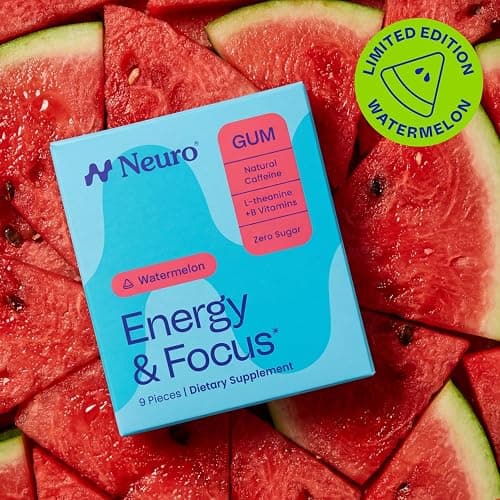 Neuro Energy & Focus Gum - 20mg Natural Caffeine Gum & Nootropic Energy Supplement with L-Theanine & B Vitamins - Sugar Free, Vegan - Watermelon, 54ct thumbnail 2