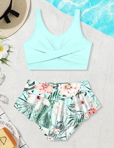 Qaoerde Girls Swimsuit Tropical Print Bikini Set with Ruffle Hem Two Piece Criss Cross Bathing Suits for Girls 7-16 Years - Image 1
