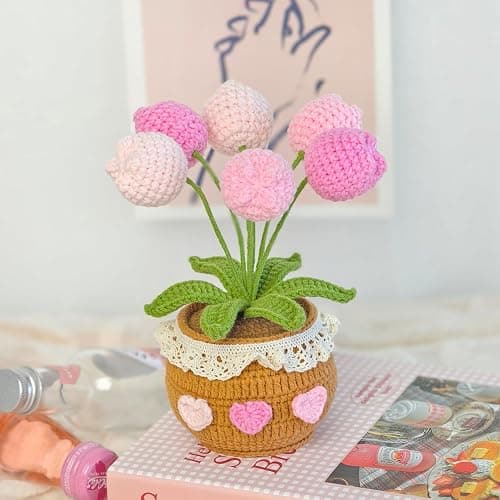 JOMODECOR Handmade Crochet Tulip Bouquet Potted Plants, Knitted Artificial Forever Flowers with Exquisite Pot,Gift to Friends Women Kids,Perfect for Home Decorations, Office Desk(Pink) thumbnail 4