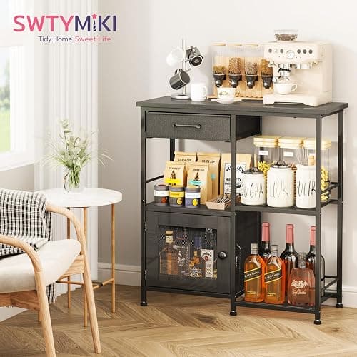 SWTYMIKI Coffee Bar Cabinet for Home - Farmhouse Coffee Stand Station Multi-Purpose Storage Cabinet with Adjustable Feet, Drawers - Kitchen Bar Table for Living Room, Corner, Small Space, Black thumbnail 3