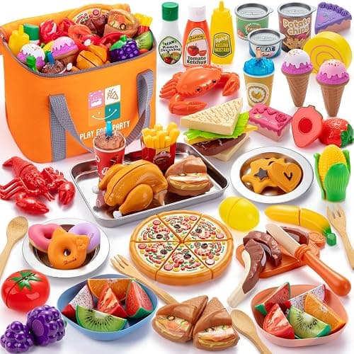 Juboury Cucina Giocattolo per Bambini, Set per Taglia Verdure e Frutta con Cibo Giocattolo come Pizza e Dessert, Gioco di Ruolo in Cucina Bambini, Giochi Montessori 3 4 5 6 7 Anni - Image 1