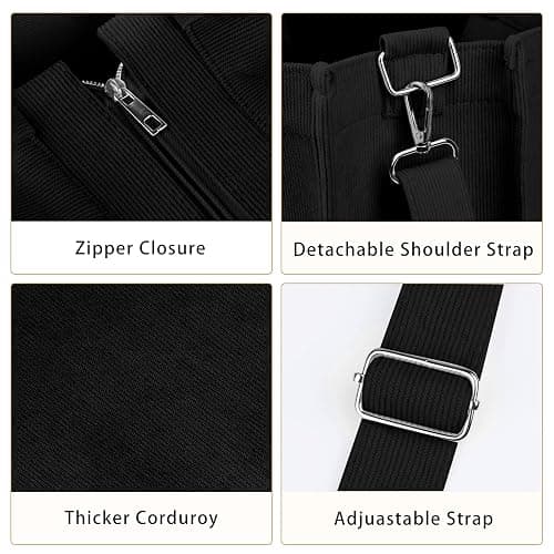 BROADREAM Sacs fourre-tout en velours pour femmes - Sac cabas en velours côtelé avec fermeture zippée，Tote Bag de grande capacité pour école, travail, shopping(L-Noir) thumbnail 5