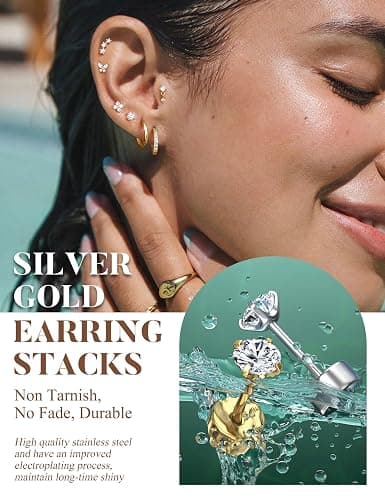 Besteel Hypoallergenic Flat Back Earrings for Women - 14K Gold Plated Cartilage Earring Stacks 20G Surgical Stainless Steel Flatback Stud Hoop Earring Set Conch Tragus Helix Piercing Jewelry thumbnail 8