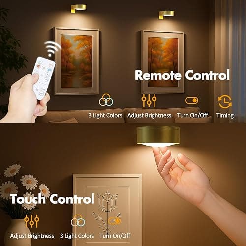 3Pcs Battery Operated Picture Light, Magnetic Led Painting Light with Remote Dimmable and Timer, 3 Lighting Modes Art Display Light for Picture Frame Paintings, Wireless Wall Decor Puck Lights, Gold thumbnail 5