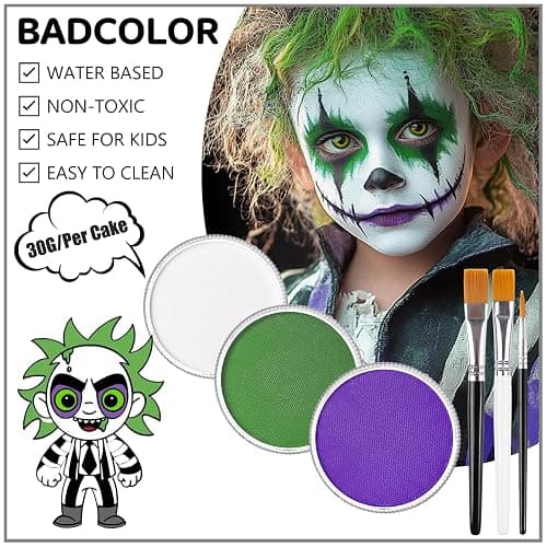 White Green Purple Face Body Paint, Face Painting Kit with Brushes for Beetlejuice & Frankenstein Halloween Makeup, Facepaints for Witch Ursula Maleficent Costume Cosplay & Monster Skeleton SFX Makeup thumbnail 4