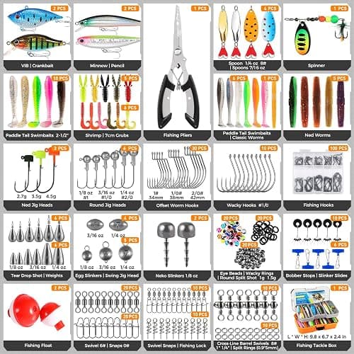 PLUSINNO Fishing Tackle Box with Tackle Included, 373PCS Fishing Lures Kit with Removable Tray, Fishing Gear with Pliers, Weights, Hooks, Accessories, Fishing Tackle Lure Kit Gifts for Men Bass Trout thumbnail 6