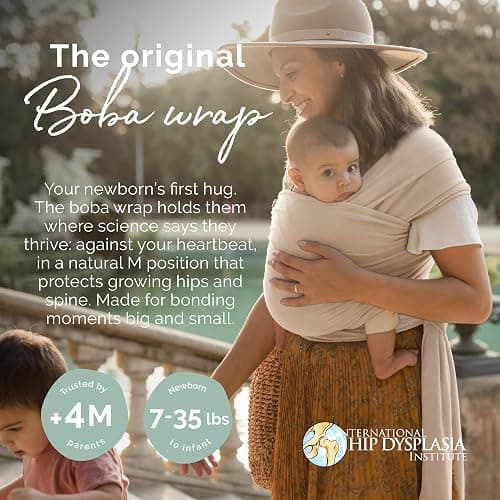 Boba Baby Wrap Carrier – Original Baby Sling Carrier for Newborns (7–35 lbs), Soft, Secure, Hands-Free & Ergonomic, Ideal for Comfortable Bonding, New Parents (Beige) thumbnail 2