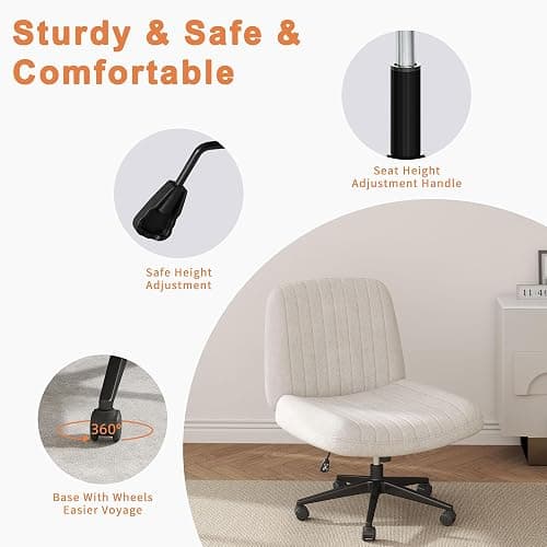 Shintenchi Criss Cross Chair,Cross Legged Office Seat with Wheels Armless Swivel Vanity Chair,Height Adjustable Wide Computer Task Seating for Home Office,Beige thumbnail 7
