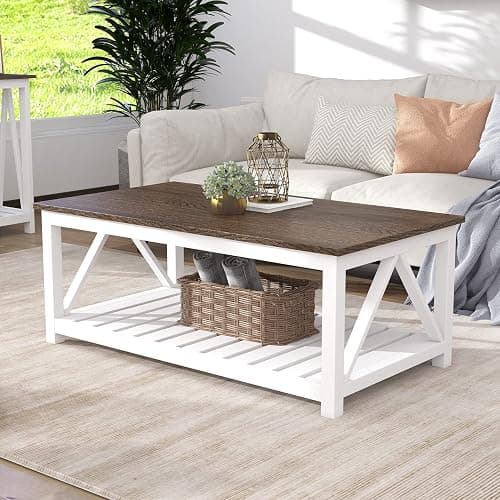 ChooChoo Farmhouse Coffee Table, Rustic Vintage Living Room Table with Shelf, 40 White - Image 1