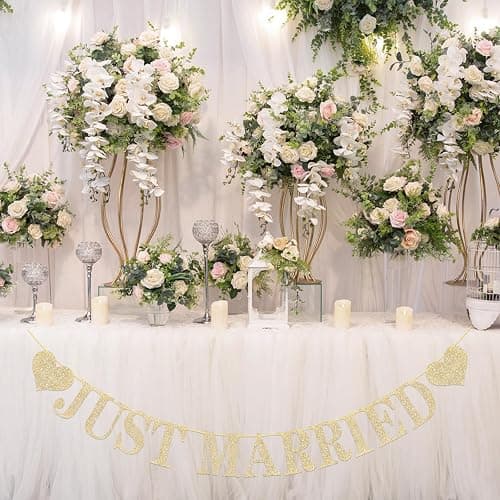 Pre-Strung Just Married Banner NO DIY Just Married Sign Gold Glitter Wedding Banner for Just Married Wedding Reception Ceremony Party and Car Decorations thumbnail 6