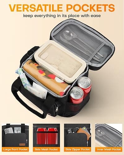 HOTOR Lunch Box for Men and Women - Leak-Proof Insulated Lunch Cooler Bag with Adjustable Strap, Multiple Pockets for Office, Picnic, Hiking, Beach, 1 Layer, 8L, Black, 9.8" x 8.7" x 5.9" thumbnail 5