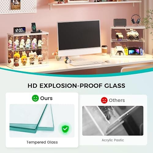 Dystler Lighted Clear Glass Display Case - for Figures & Collectibles, Small 2-Tier Display Cabinet with Charging Station, LED Display Box with Lights & Human Sensor, for Model Car, Perfume, White thumbnail 4