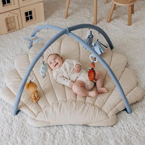 Blissful Diary Shell Baby Play Gym Mat, Softer & Enlarged Tummy Time Mat w 6 Detachable Toys for Sensory & Motor Skill Development, Activity Mat for Newborn Essentials Shower Gift, Boho Ocean Theme thumbnail 2