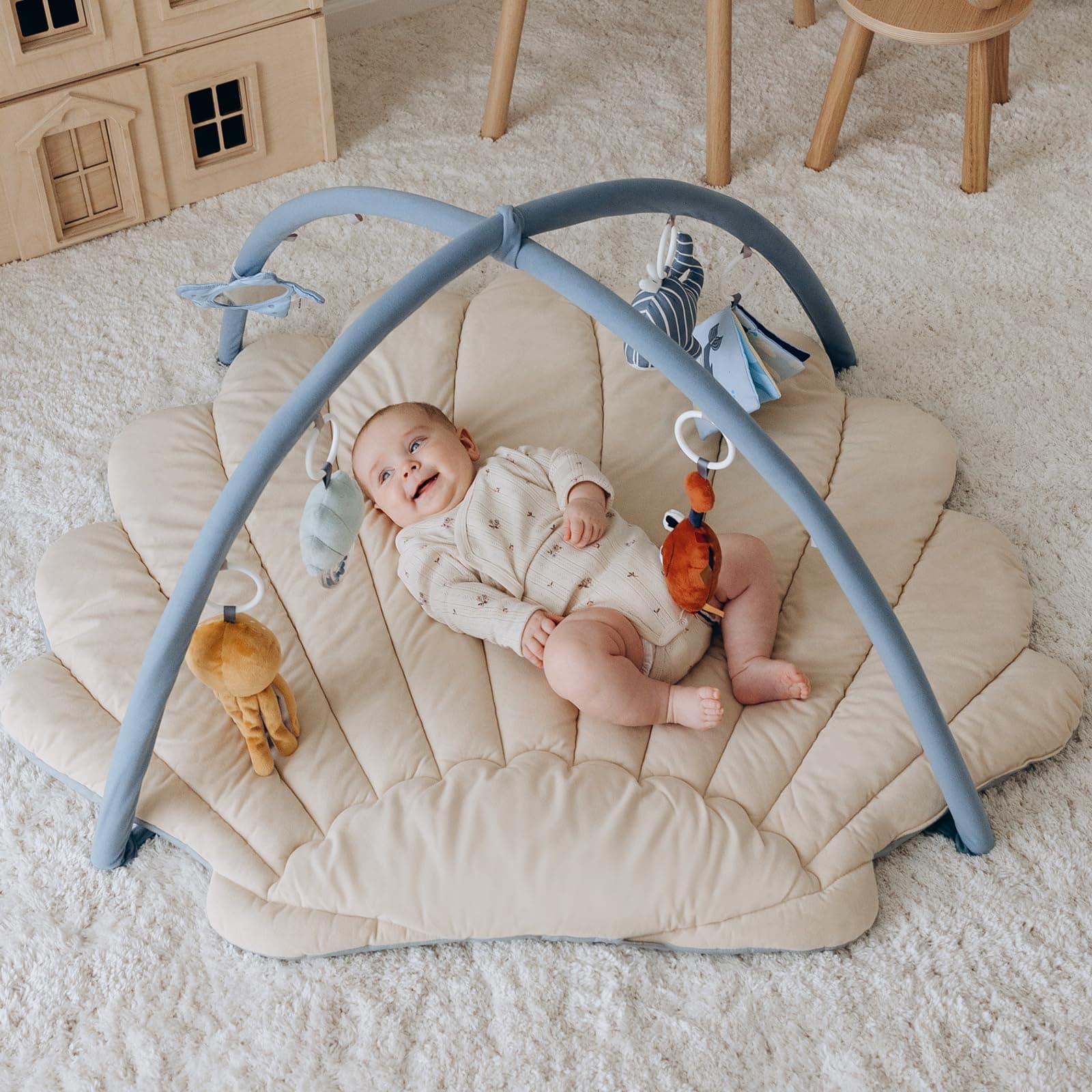 Blissful Diary Shell Baby Play Gym Mat, Softer & Enlarged Tummy Time Mat w 6 Detachable Toys for Sensory & Motor Skill Development, Activity Mat for Newborn Essentials Shower Gift, Boho Ocean Theme thumbnail 2
