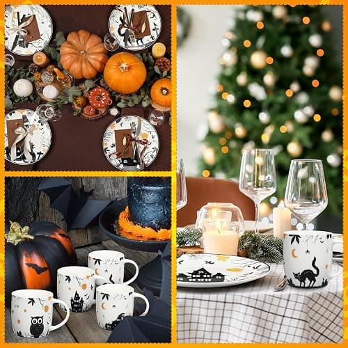 SiliFine 8 Pcs Vintage Halloween Ceramic Dinnerware Set 8 Inch Gothic Plates and 11 oz Mugs Halloween Haunted Owl Pumpkin Cat Dessert Plates and Mugs for Indoor Outdoor Party Kitchenware Gift thumbnail 4