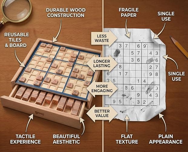 BOHS Wooden Sudoku Board Game for Adults and Kids, 100-Puzzle Book | Built-in storage drawer; double-sided trial tiles; pencil-free play; spare pieces; smooth, splinter-free finish thumbnail 5