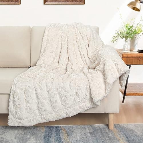 TOONOW Faux Fur Luxury Throw Blanket,Double Side Soft Fluffy Shaggy Fuzzy Blanket for Couch Sofa Bed (Cream, Throw) thumbnail 5
