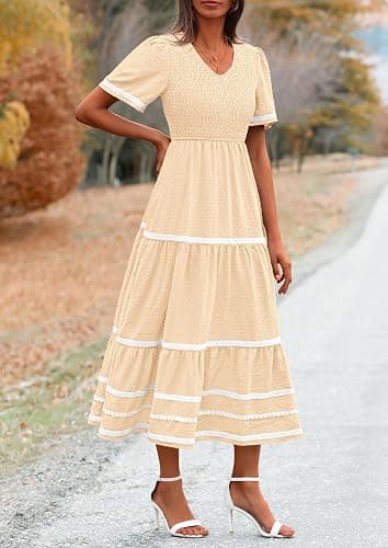 PRETTYGARDEN Women's Casual Summer Maxi Dress Short Sleeve Swiss Dot V Neck Smocked Long Flowy Beach Dresses thumbnail 7