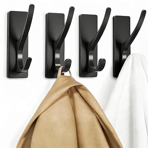 pickpiff Self Adhesive Coat Hooks for Hanging: Heavy Duty Stainless Wall Hook for Towel, Backpack, Hat, Sturdy Metal Hanger for Bathroom, Bedroom, Door, 4-Pack, Matt Black - Image 1