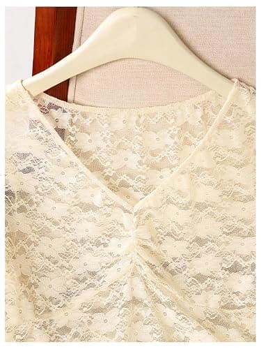 MakeMeChic Women's Floral Lace Sheer V Neck T Shirt Ruched Short Sleeve Going Out Crop Tops thumbnail 4