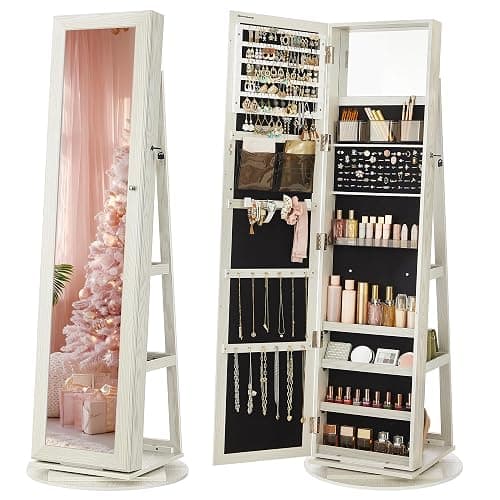 SONGMICS 360° Swivel Jewelry Cabinet, Lockable Jewelry Organizer with Full-Length Mirror, Rear Storage Shelves, Interior Mirror, Jewelry Armoire, Christmas Gifts, White with Gray Wood Grain UJJC006W01 - Image 1
