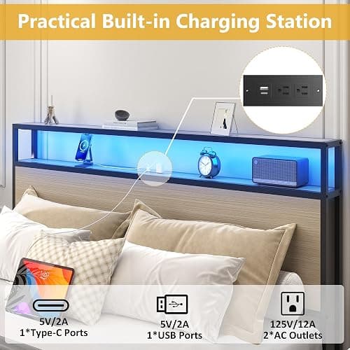 Lifezone Full Bed Frame with 2-Tier Storage Headboard, Metal Platform Bed Frame with 4 Storage Drawers, Built in Charging Station & LED, Noise-Free/Metal Support/No Box Spring Needed, Beige thumbnail 5