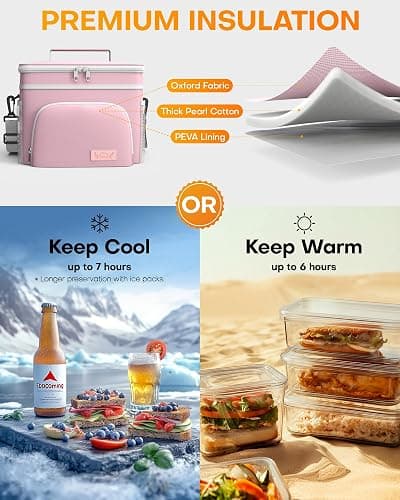 HOTOR Insulated Lunch Box for Men & Women - Leak-Proof Cooler Lunch Bag with 4 Pockets, Adjustable Strap, Ideal for Work, Picnic, Travel - Medium, Light Pink, 10.2"×6.9"×8.5" thumbnail 3