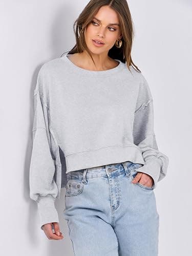 ANRABESS Womens Cropped Sweatshirts Oversized Crewneck Long Sleeve Tops 2025 Fall Winter Loose Pullover Teen Girls Clothes thumbnail 6