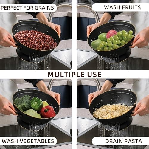 Metal Colander Set of 2, Strainer Basket with Handles perfect for Spaghetti, Pasta, Berry, Vegetable, Fruit, Solid Base Powder Coated Self-draining Kitchen Colander Bowel, 3.5 & 5 Qt, Matte Black thumbnail 6