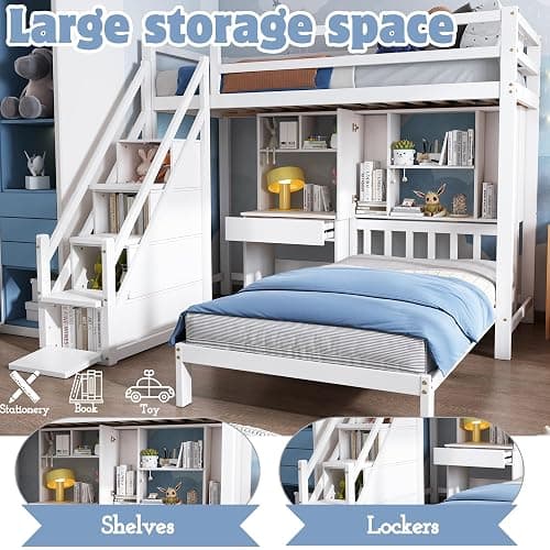 Merax Kids 3FT Loft Bed Frame Children's High Sleeper Double Bed with Desk multifunctional Bed with Storage, Shelves & Stairs, Solid Pine Wood Frame, for Children Girls and Boys, White (2 * 90x190cm) thumbnail 4