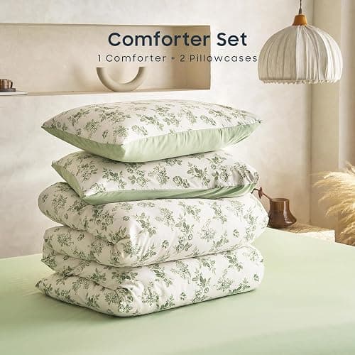 Wake In Cloud - Cottagecore Comforter Set, Floral Vintage Flower Shabby Chic Coquette Aesthetic for Women Teen Girls, Soft Lightweight Dorm Bedding, 3 Pieces, Sage Green, Full Size thumbnail 2