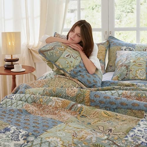 Secgo Twin Size Quilt Size - 100% Cotton Comforter Set Bedding Sets (68 * 86 Inch) with 2 Pillow Shams, Patchwork Reversible Lightweight Bedspread thumbnail 2